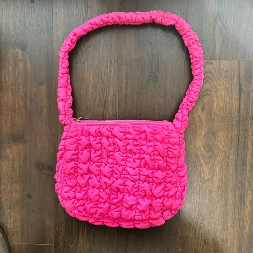 Miss Gwen's OMG Accessories Hot Pink Puffer Smocked Ruched‎ Shoulder Bag Neon